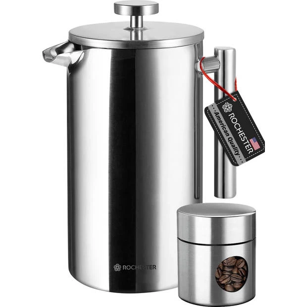 Rochester French Press - Cafetiere Met Bonenpotje - Koffiemaker - 1 Liter - Vaatwasserbestendig – Dubbelwandig - RVS 3 Rochester French Press - Cafetiere Met Bonenpotje - Koffiemaker - 1 Liter - Vaatwasserbestendig – Dubbelwandig - RVS