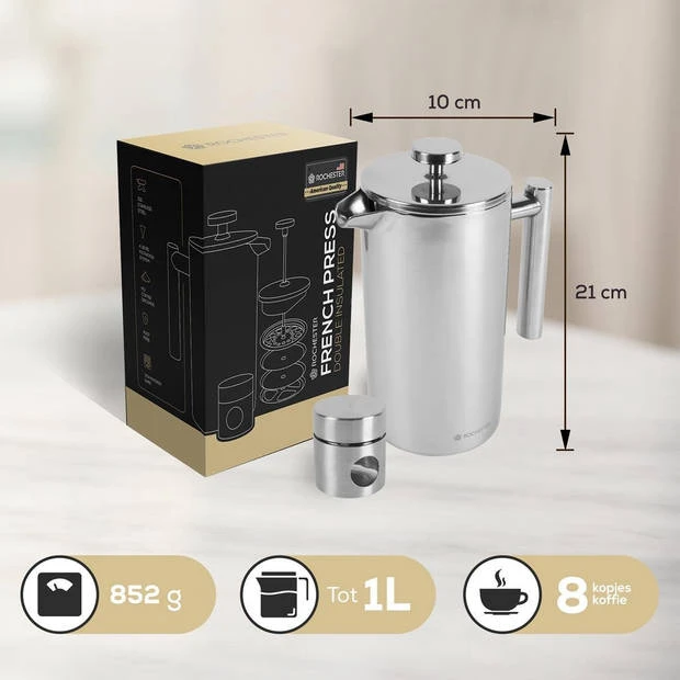 Rochester French Press - Cafetiere Met Bonenpotje - Koffiemaker - 1 Liter - Vaatwasserbestendig – Dubbelwandig - RVS 10 Rochester French Press - Cafetiere Met Bonenpotje - Koffiemaker - 1 Liter - Vaatwasserbestendig – Dubbelwandig - RVS - Afbeelding 8