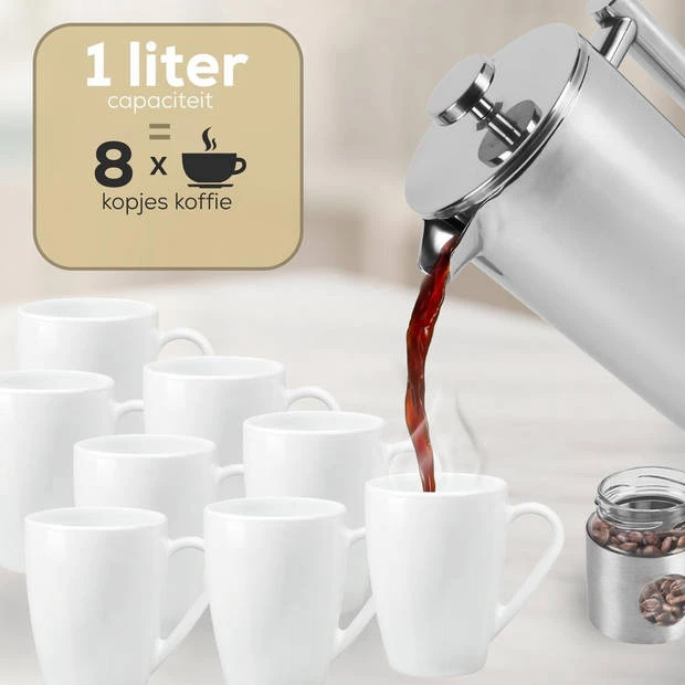 Rochester French Press - Cafetiere Met Bonenpotje - Koffiemaker - 1 Liter - Vaatwasserbestendig – Dubbelwandig - RVS 11 Rochester French Press - Cafetiere Met Bonenpotje - Koffiemaker - 1 Liter - Vaatwasserbestendig – Dubbelwandig - RVS - Afbeelding 9