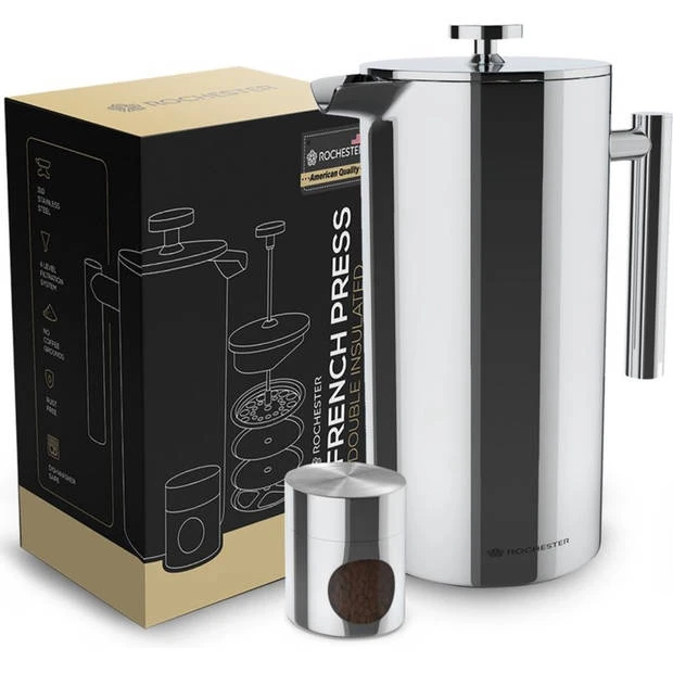 Rochester French Press - Cafetiere Met Bonenpotje - Koffiemaker - 1 Liter - Vaatwasserbestendig – Dubbelwandig - RVS 12 Rochester French Press - Cafetiere Met Bonenpotje - Koffiemaker - 1 Liter - Vaatwasserbestendig – Dubbelwandig - RVS - Afbeelding 10
