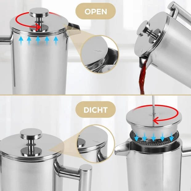 Rochester French Press - Cafetiere Met Bonenpotje - Koffiemaker - 1 Liter - Vaatwasserbestendig – Dubbelwandig - RVS 7 Rochester French Press - Cafetiere Met Bonenpotje - Koffiemaker - 1 Liter - Vaatwasserbestendig – Dubbelwandig - RVS - Afbeelding 5