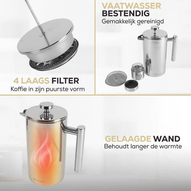 Rochester French Press - Cafetiere Met Bonenpotje - Koffiemaker - 1 Liter - Vaatwasserbestendig – Dubbelwandig - RVS 4 Rochester French Press - Cafetiere Met Bonenpotje - Koffiemaker - 1 Liter - Vaatwasserbestendig – Dubbelwandig - RVS - Afbeelding 2
