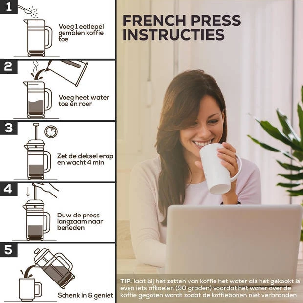 Rochester French Press - Cafetiere Met Bonenpotje - Koffiemaker - 1 Liter - Vaatwasserbestendig – Dubbelwandig - RVS 6 Rochester French Press - Cafetiere Met Bonenpotje - Koffiemaker - 1 Liter - Vaatwasserbestendig – Dubbelwandig - RVS - Afbeelding 4