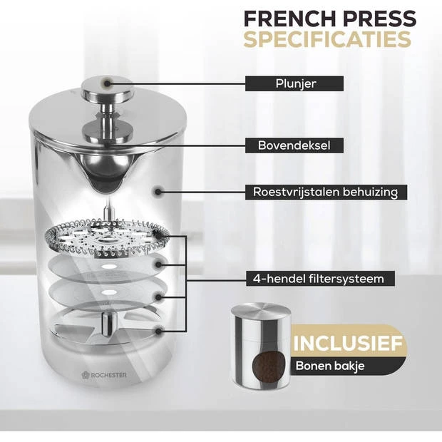 Rochester French Press - Cafetiere Met Bonenpotje - Koffiemaker - 1 Liter - Vaatwasserbestendig – Dubbelwandig - RVS 5 Rochester French Press - Cafetiere Met Bonenpotje - Koffiemaker - 1 Liter - Vaatwasserbestendig – Dubbelwandig - RVS - Afbeelding 3