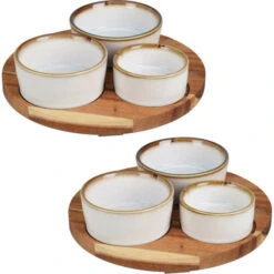 Excellent Houseware 2x Stuks Serveerplanken Acacia Hout D20 Cm Incl. 6x Luxe Keramiek Schaaltjes - Serveerplanken